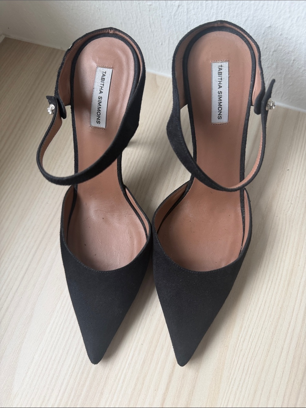 Tabitha Simmons Black Pointed-Toe Ankle Strap Pumps